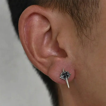 TWO LEAVES S925 sterling silver retro old Polaris earrings black diamond street gothic style earrings for men and women