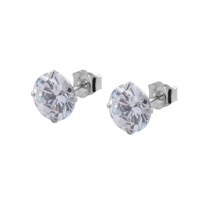 Silver stud earrings with large round clear gemstones, likely cubic zirconia