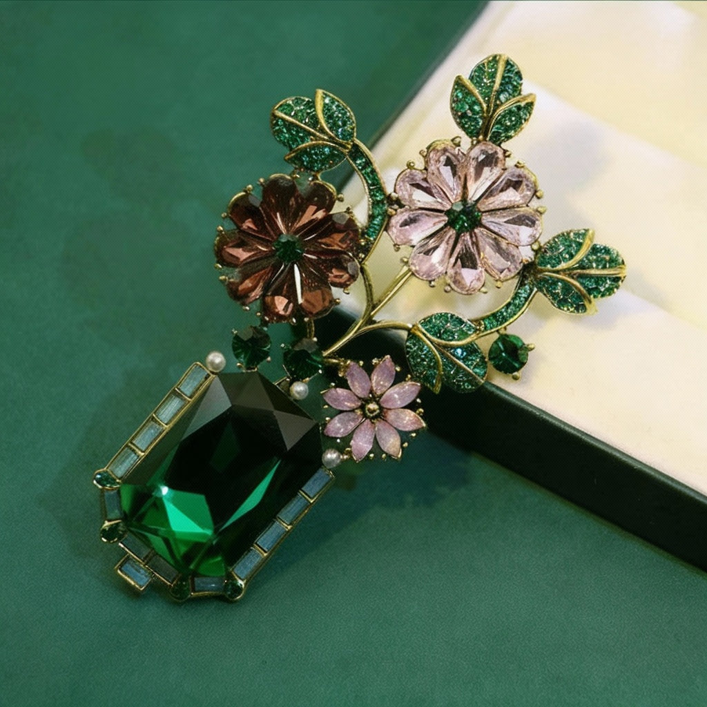 Retro Green Provence Floral Brooch Lapel Pin High-End Badge