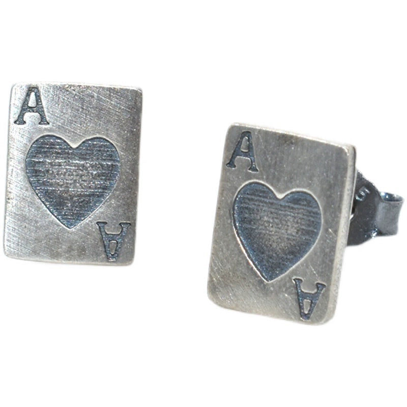 Two Leaves S925 Pure silver red heart A poker earrings are old personality hip -hop men's and women's tide street versatile