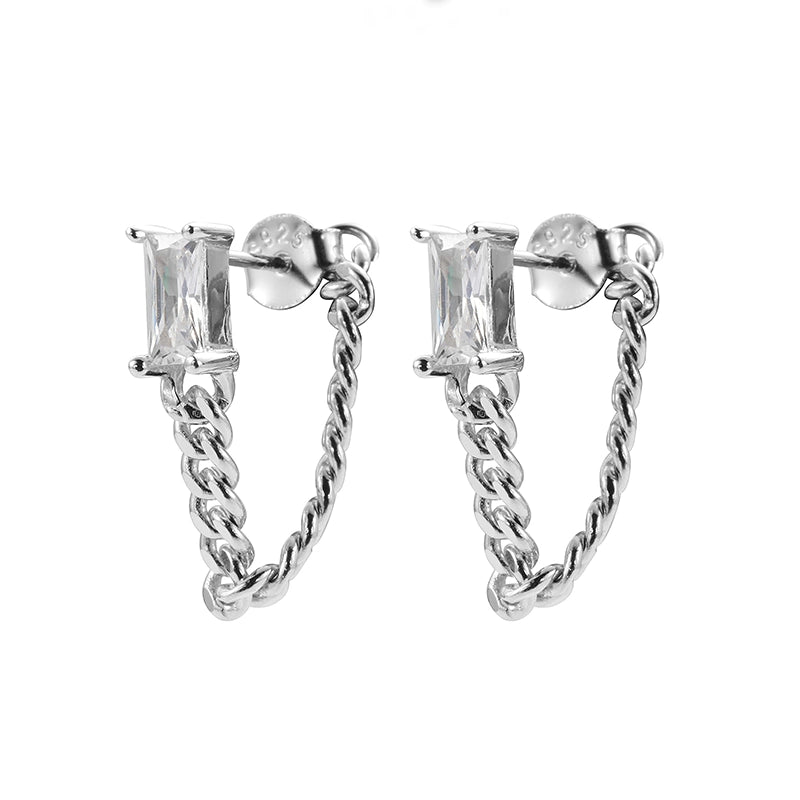 Rectangular zirconium, small design earrings for men and women with tassels, silver 925 sample