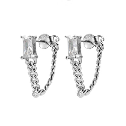 Rectangular zirconium, small design earrings for men and women with tassels, silver 925 sample