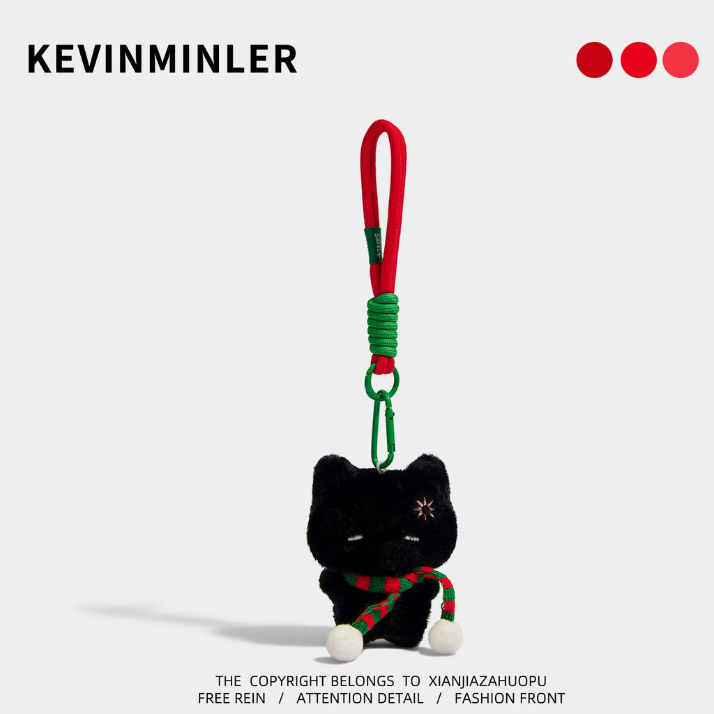 Adorable Kevinminler Black Cat Plush Keychain with Red Green Scarf Christmas Gift