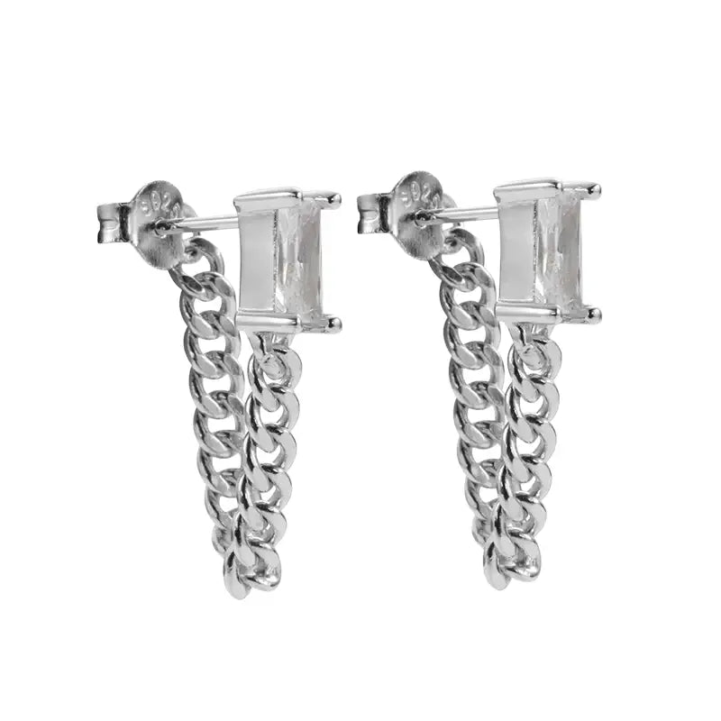 Rectangular zirconium, small design earrings for men and women with tassels, silver 925 sample