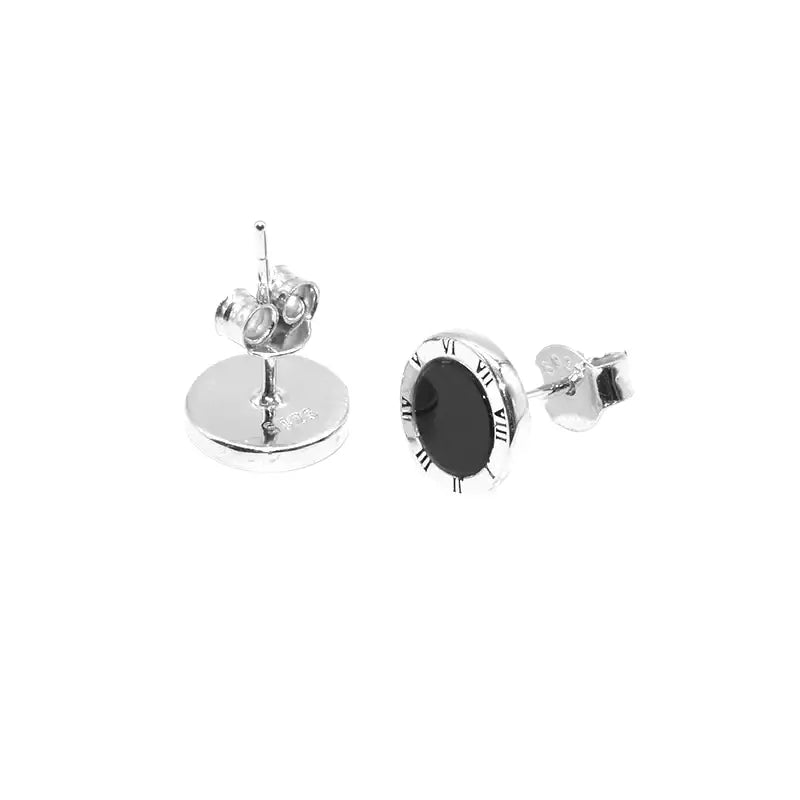 Bold S925 Sterling Silver Black Agate Roman Numeral Stud Earrings - Unisex Style Statement