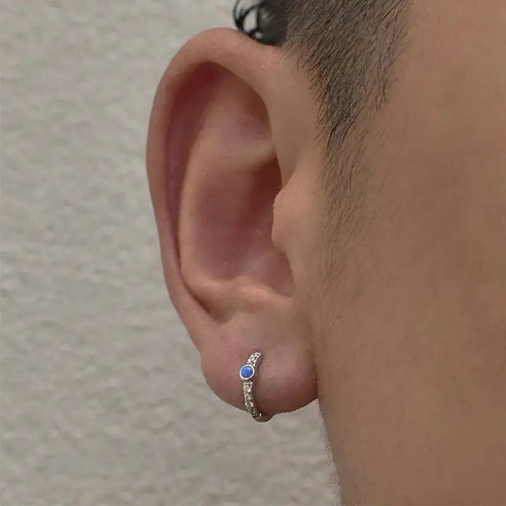 TWO LEAVES S925 Sterling Silver Blue Opal Diamond Hoop Earrings Unisex