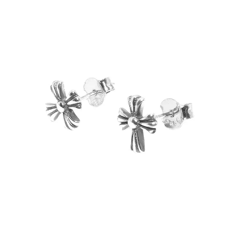 S925 Sterling Silver Distressed Cross Stud Earrings – Unisex Retro Street Style