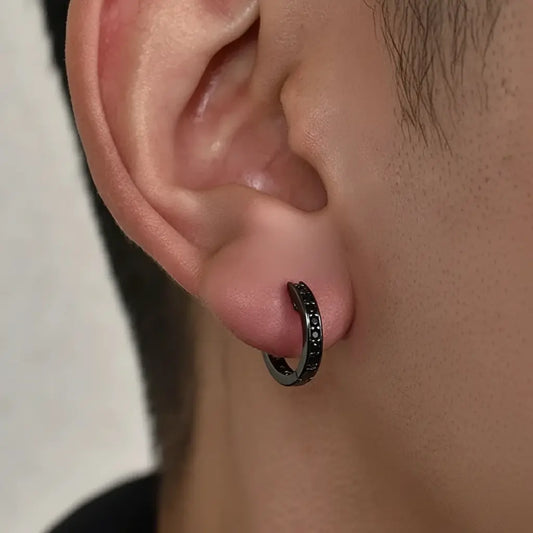 S925 Sterling Silver Black Zirconia Hip-Hop Earrings - Unisex Streetwear Style