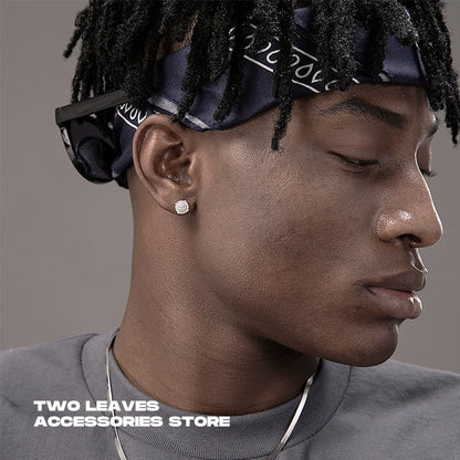 TWO LEAVES S925 Sterling Silver Hip-Hop Round CZ Stud Earrings, Unisex Street Style Bling
