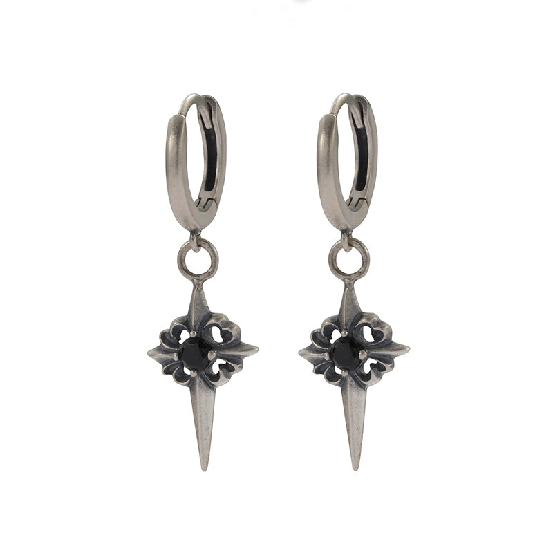TWO LEAVES S925 sterling silver retro old Polaris earrings street gothic black diamond men's and women's earrings