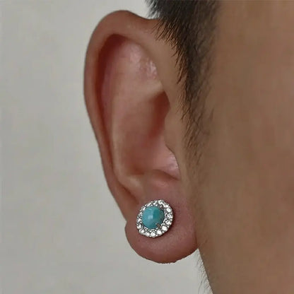 Turquoise small design fashionable earrings for men and women, silver 925 sample, diamond encrusted