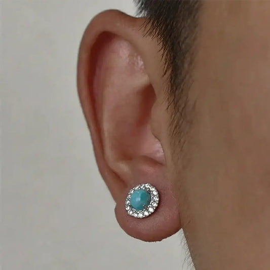 Turquoise small design fashionable earrings for men and women, silver 925 sample, diamond encrusted
