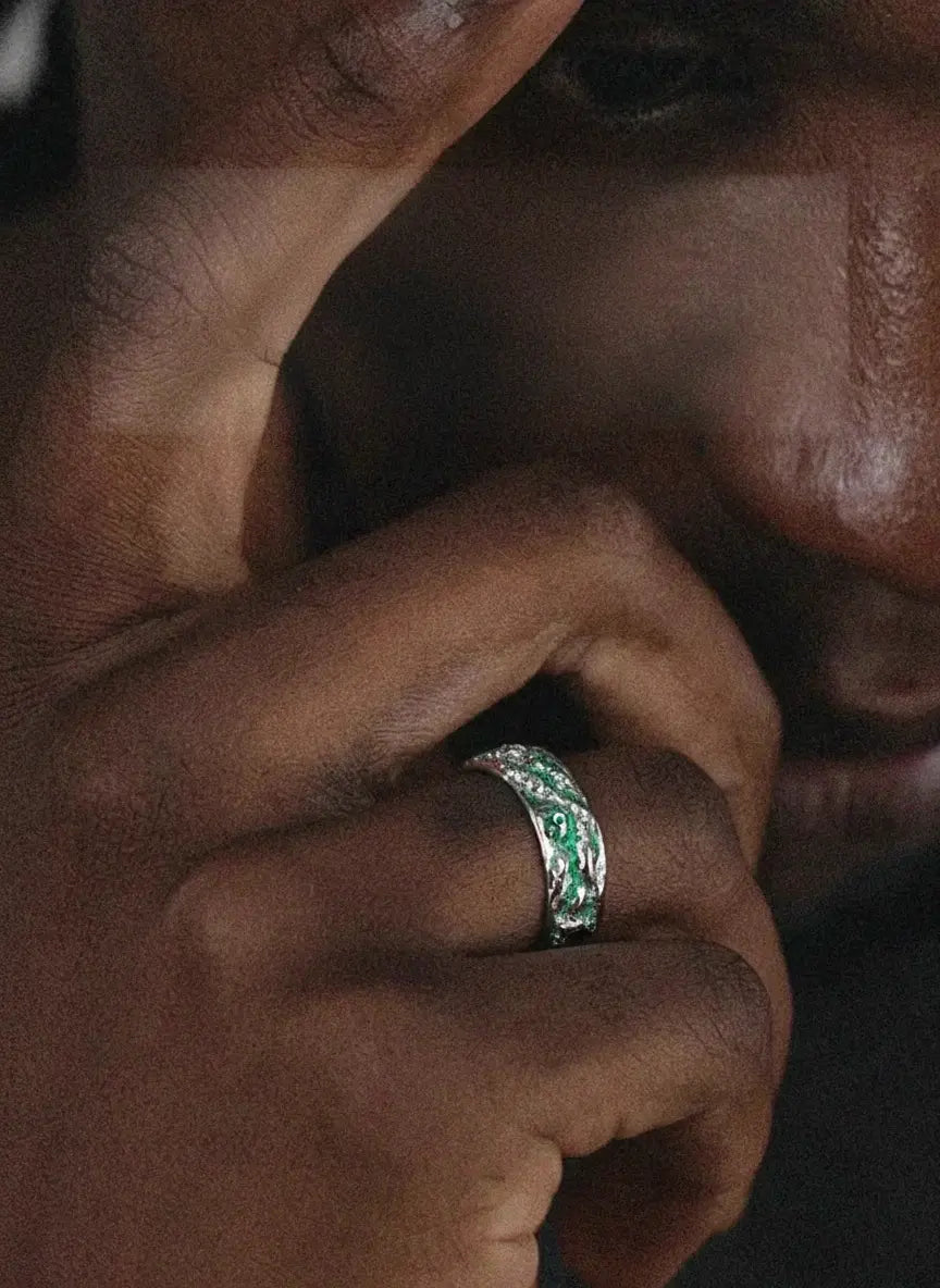 LUXTA 纯银绿冰川戒指 嘻哈男高级感指环 开口可调