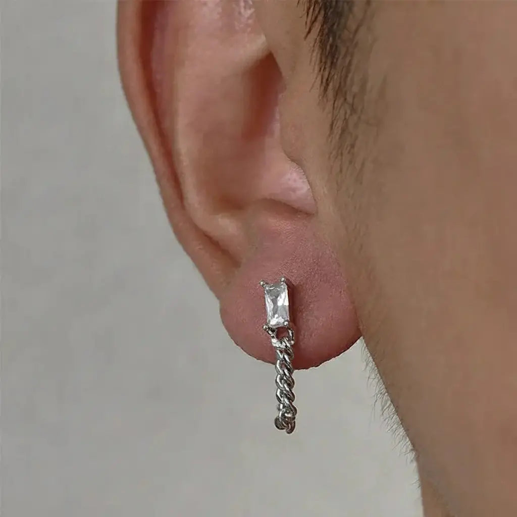 Rectangular zirconium, small design earrings for men and women with tassels, silver 925 sample