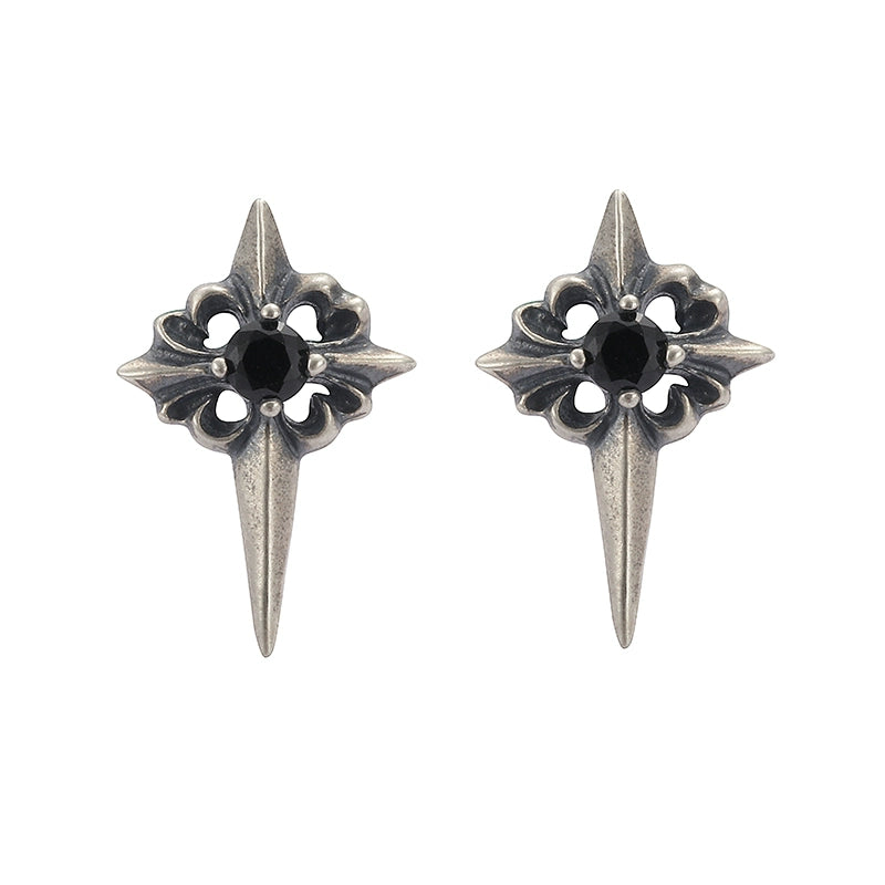 TWO LEAVES S925 sterling silver retro old Polaris earrings black diamond street gothic style earrings for men and women