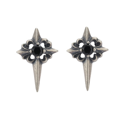 TWO LEAVES S925 sterling silver retro old Polaris earrings black diamond street gothic style earrings for men and women