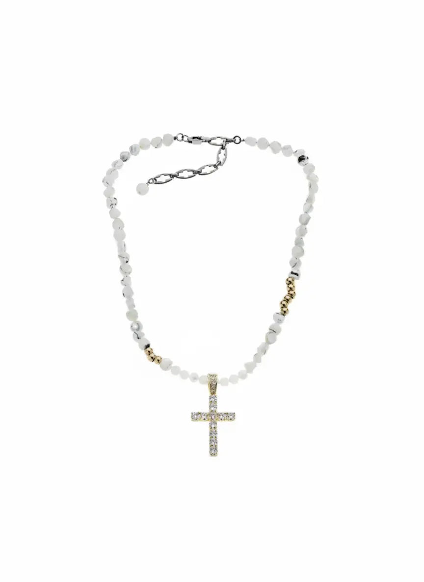 LUXTA原创 十字架闪钻项链嘻哈男 白色贝壳珠拼接锁骨链 高级感