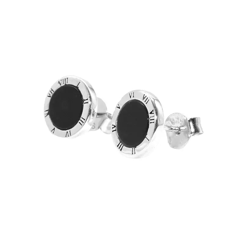 Bold S925 Sterling Silver Black Agate Roman Numeral Stud Earrings - Unisex Style Statement