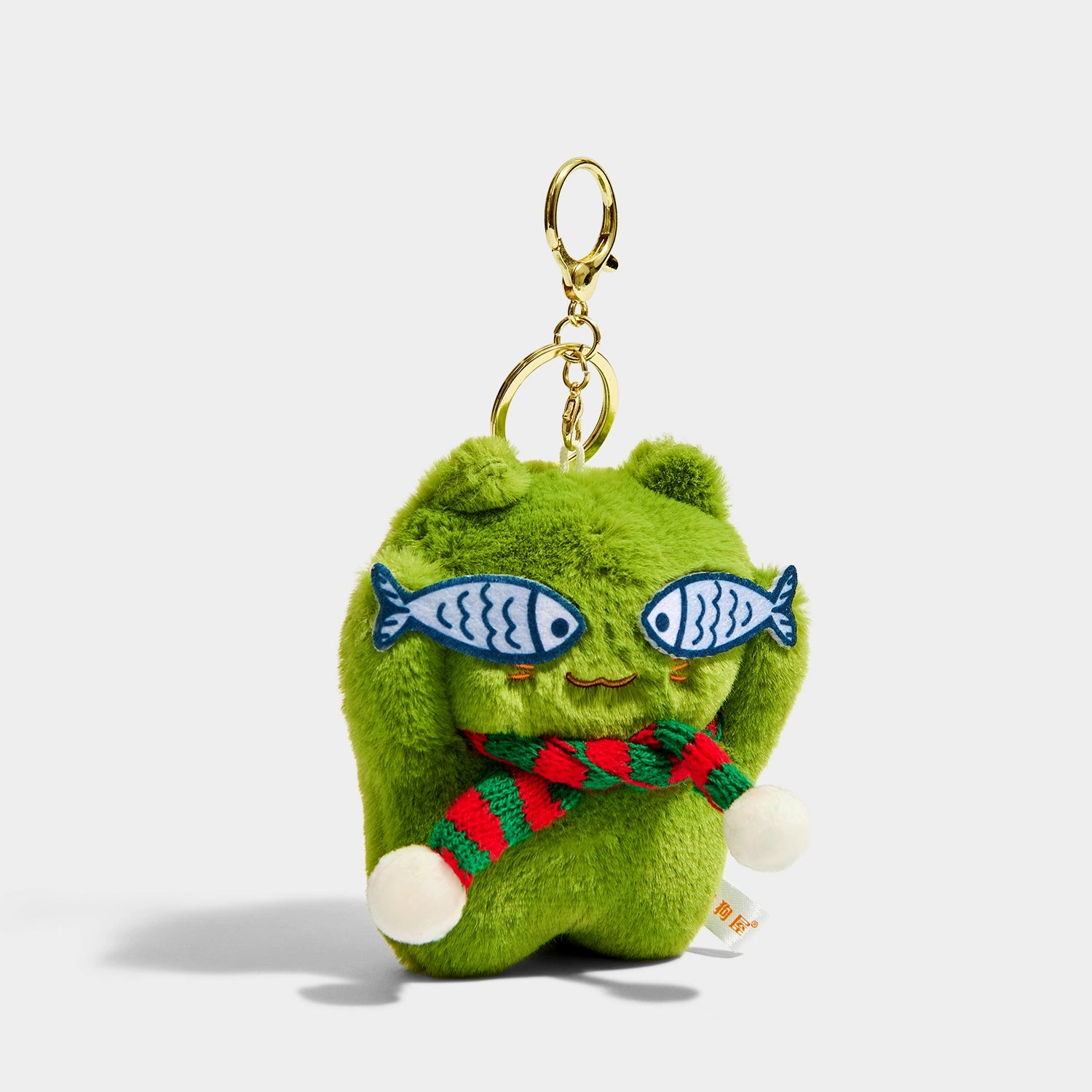 Adorable Green Plush Cat Bag Charm Keychain with Glasses and Fish Pendant