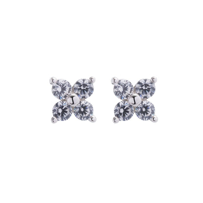 Universal earrings, zirconium hip-hop style for men and women, silver 925 sample, diamond encrusted, four-leaf clover