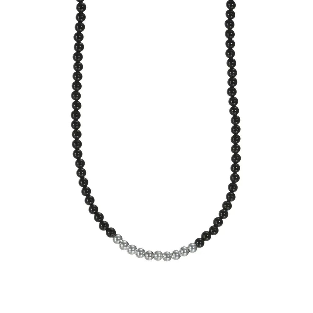 Black beaded necklace with silver accents and a minimalist design