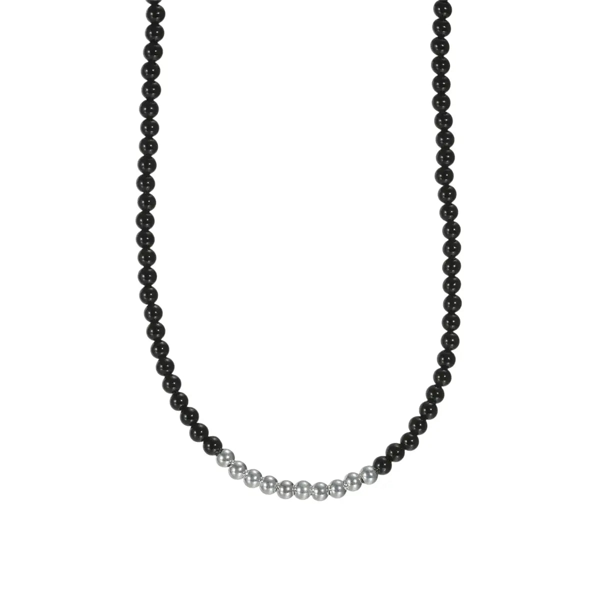 Black beaded necklace with silver accents and a minimalist design