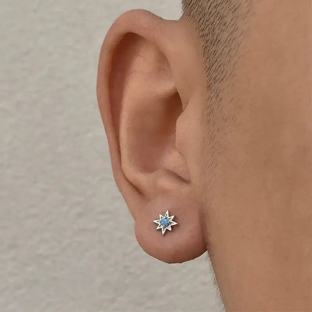 S925 Sterling Silver Octagonal Star Opal Stud Earrings – Unisex Modern Design