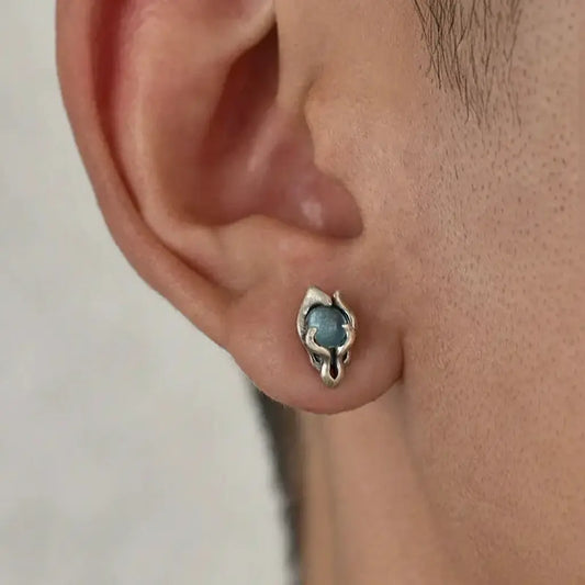 TWO LEAVES S925 sterling silver vintage dragon soul topaz earrings niche men's and women's trendy special-shaped earrings