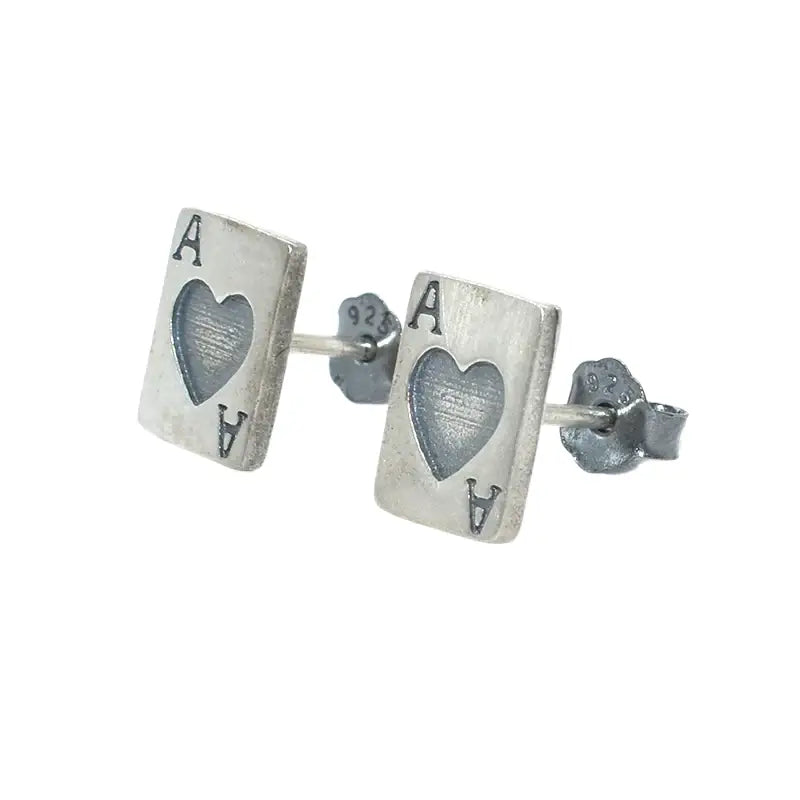 Two Leaves S925 Pure silver red heart A poker earrings are old personality hip -hop men's and women's tide street versatile