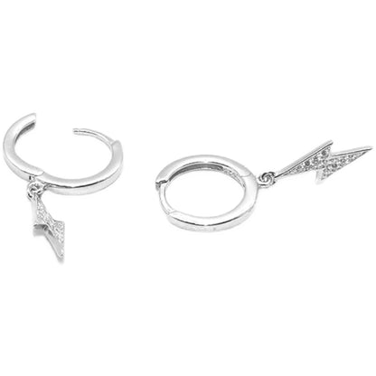 Silver lightning bolt hoop earrings with cubic zirconia accents