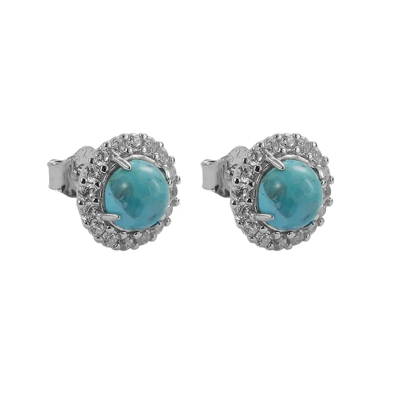 Turquoise small design fashionable earrings for men and women, silver 925 sample, diamond encrusted
