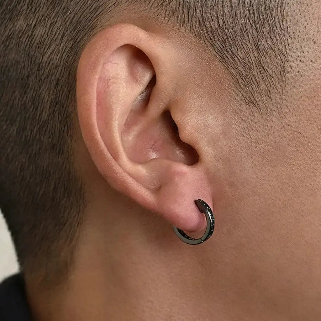 S925 Sterling Silver Black Zirconia Hip-Hop Earrings - Unisex Streetwear Style