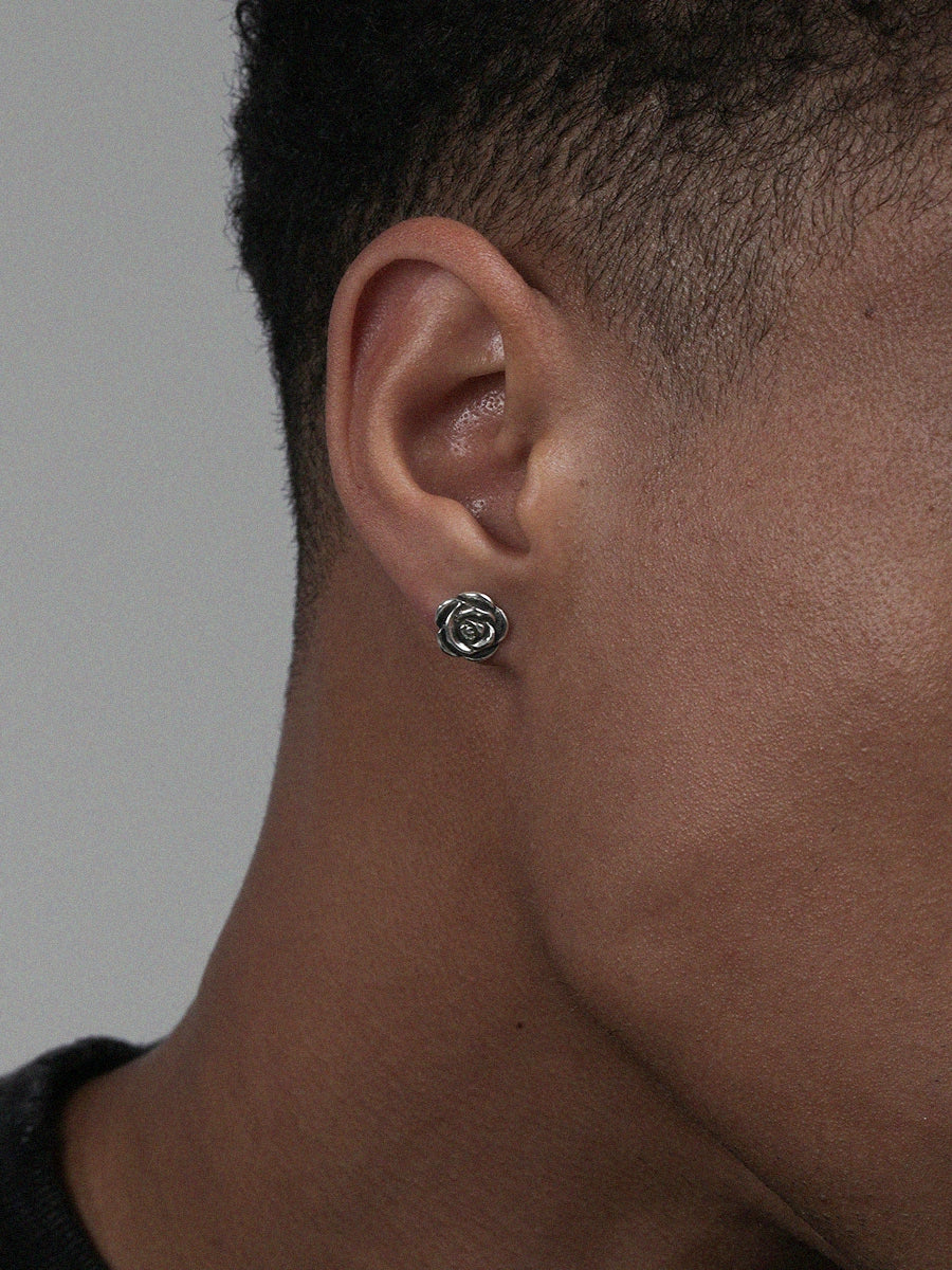 LUXTA 纯银玫瑰花耳钉男 嘻哈复古做旧花朵耳饰潮