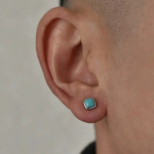 Bold Turquoise Square Stud Earrings, 925 Sterling Silver, Unisex Trendy Jewelry