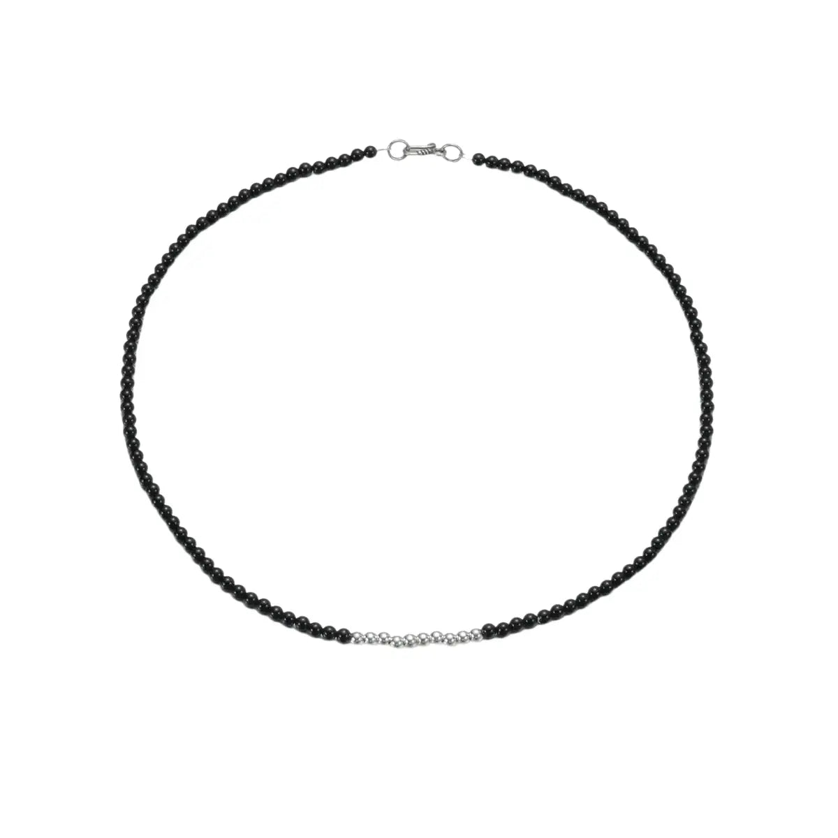 Black beaded necklace with silver accents and clasp, minimalist design
