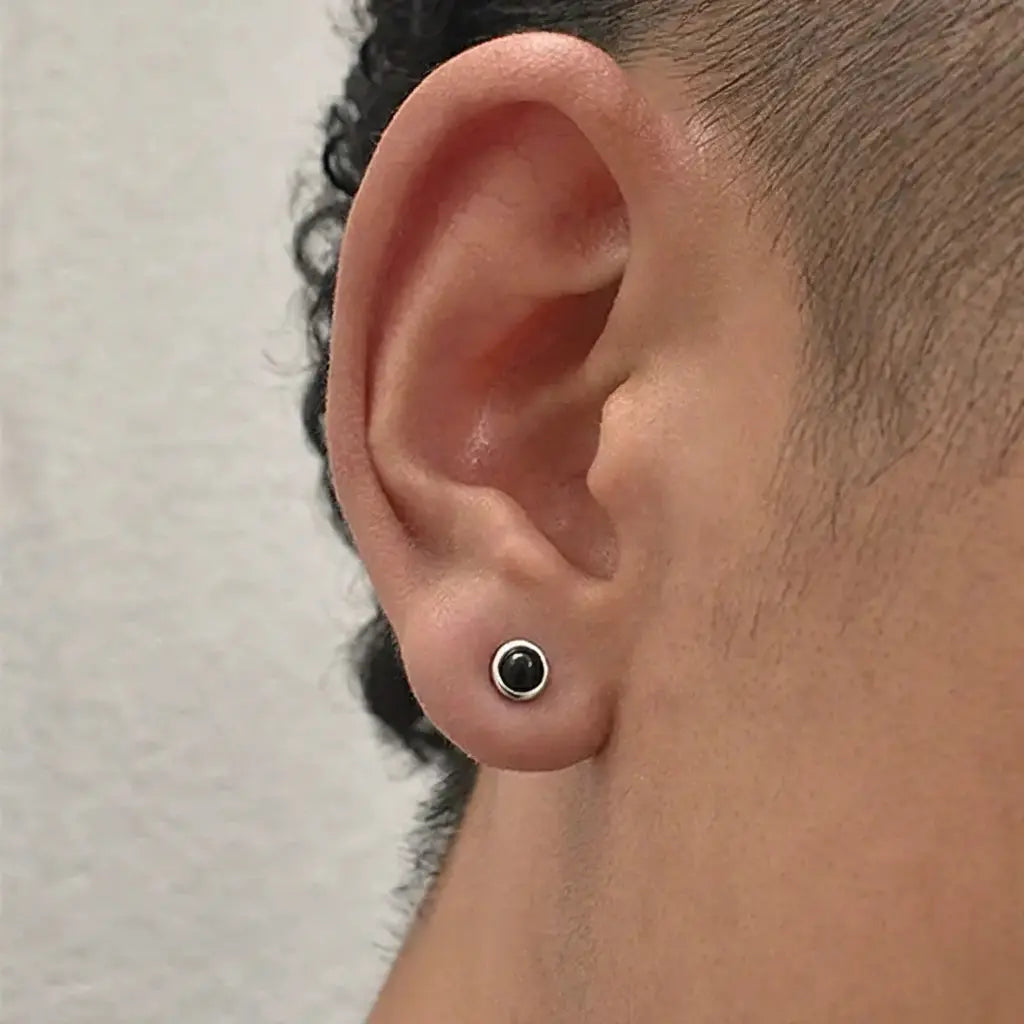 S925 Sterling Silver Black Agate Stud Earrings - Unisex Hip-Hop Trend