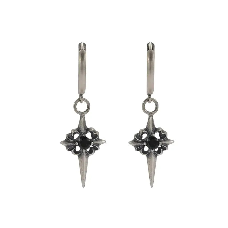 TWO LEAVES S925 sterling silver retro old Polaris earrings street gothic black diamond men's and women's earrings