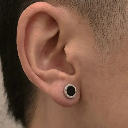 Bold S925 Sterling Silver Black Agate Roman Numeral Stud Earrings - Unisex Style Statement