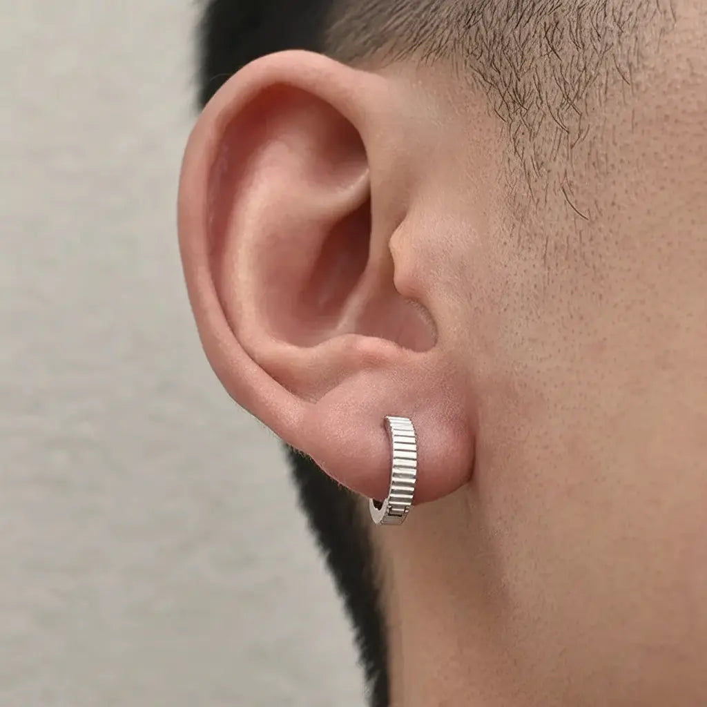 TWO LEAVES S925 Sterling Silver Minimalist Striped Hoop Earrings Unisex