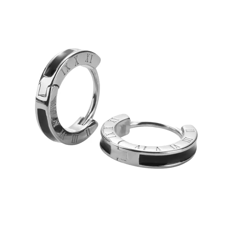 TWO LEAVES S925 Sterling Silver Black Roman Numeral Unisex Trend Hoop Earrings