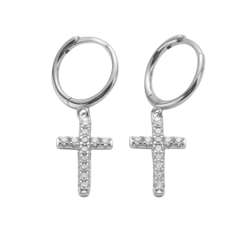 S925 Sterling Silver Cross Dangle Earrings for Men Women, Hip-Hop European Style