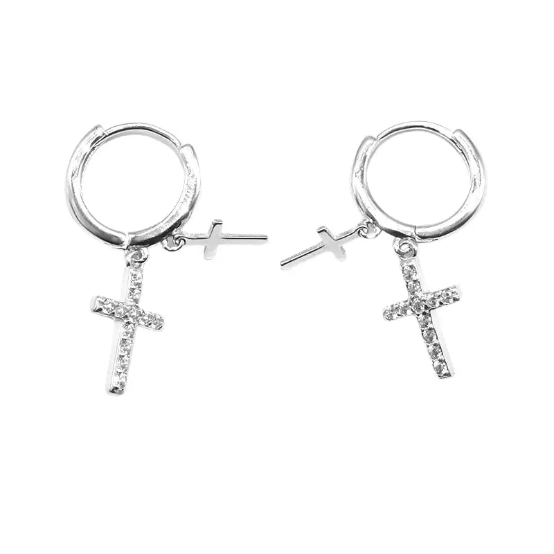 S925 Sterling Silver Double Cross Hip-Hop Hoop Earrings for Men Women