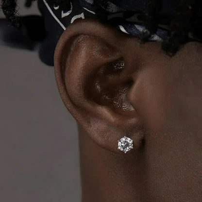 S925 Sterling Silver Zirconia Six-Claw Stud Earrings - Unisex Hip-Hop Trend