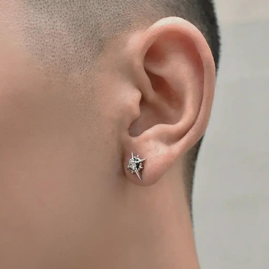 S925 Sterling Silver Eight-Pointed Star Stud Earrings - Unisex Hip-Hop Style