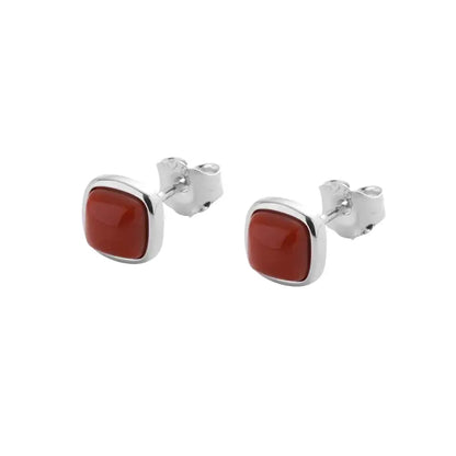 Red square stud earrings with silver accents and posts
