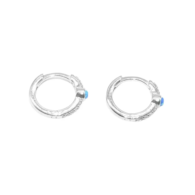 TWO LEAVES S925 Sterling Silver Blue Opal Diamond Hoop Earrings Unisex