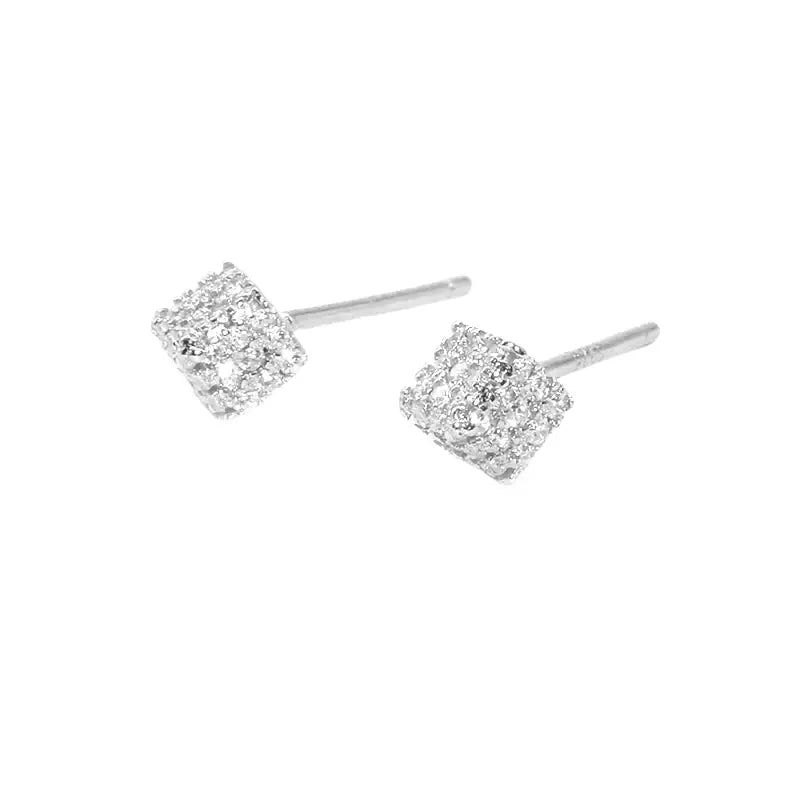 Rubik's cube, universal small earrings hip-hop style for men and women, silver 925 sample, diamond encrusted