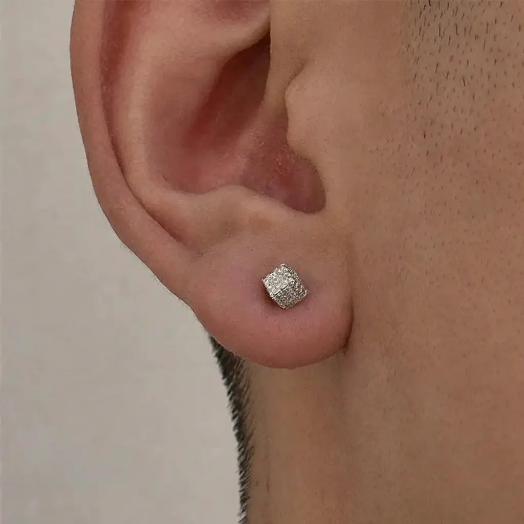 Rubik's cube, universal small earrings hip-hop style for men and women, silver 925 sample, diamond encrusted