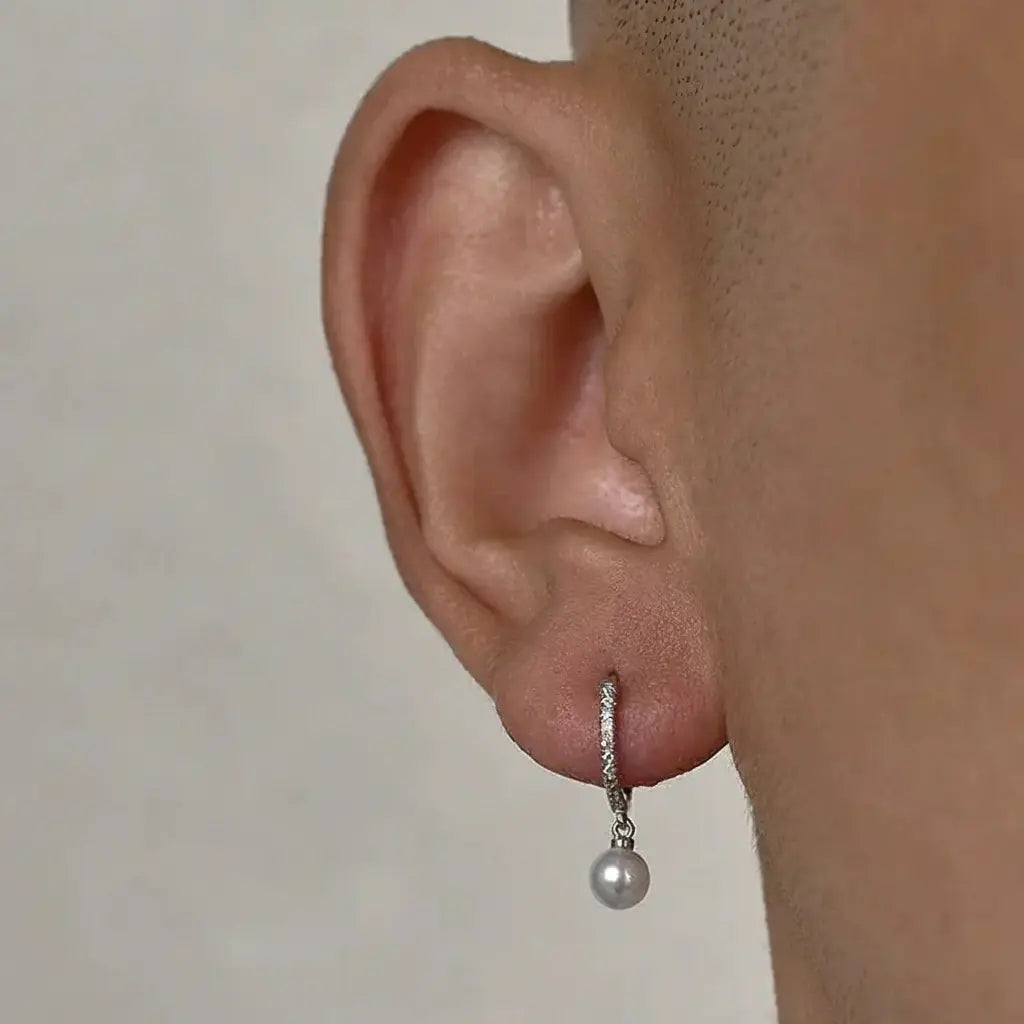 Trendsetting 925 Silver Hip-Hop Pearl Diamond Encrusted Huggie Earrings Unisex