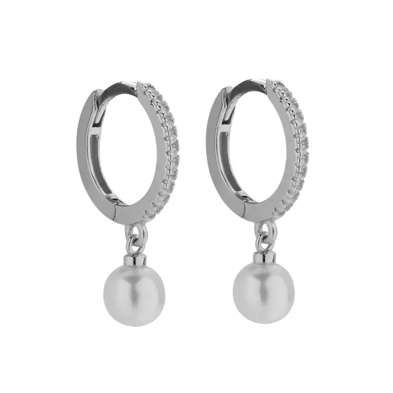 Trendsetting 925 Silver Hip-Hop Pearl Diamond Encrusted Huggie Earrings Unisex